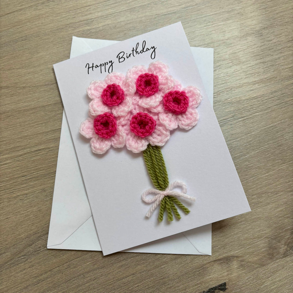 Crochet Pink Bunch of Flowers Happy Birthday Card - Personalisation Optional