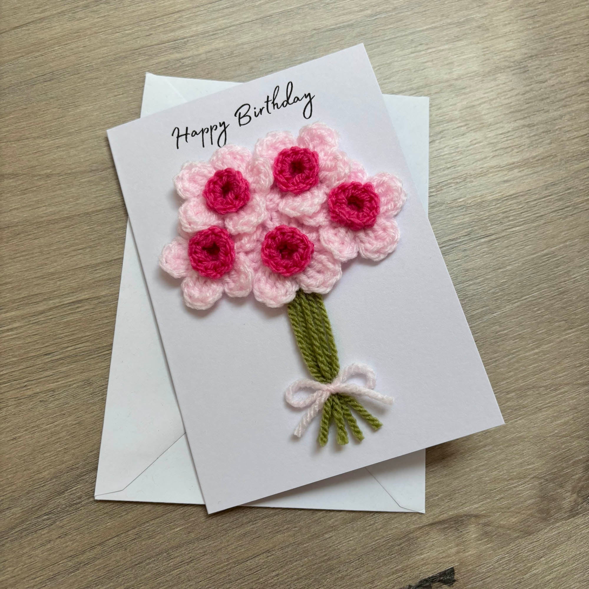 Crochet Pink Bunch of Flowers Happy Birthday Card - Personalisation Optional