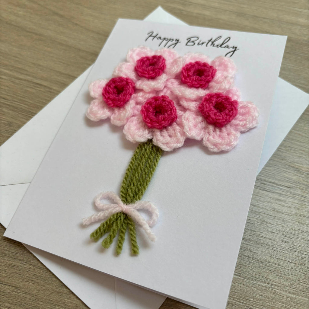 Crochet Pink Bunch of Flowers Happy Birthday Card - Personalisation Optional