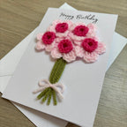 Crochet Pink Bunch of Flowers Happy Birthday Card - Personalisation Optional