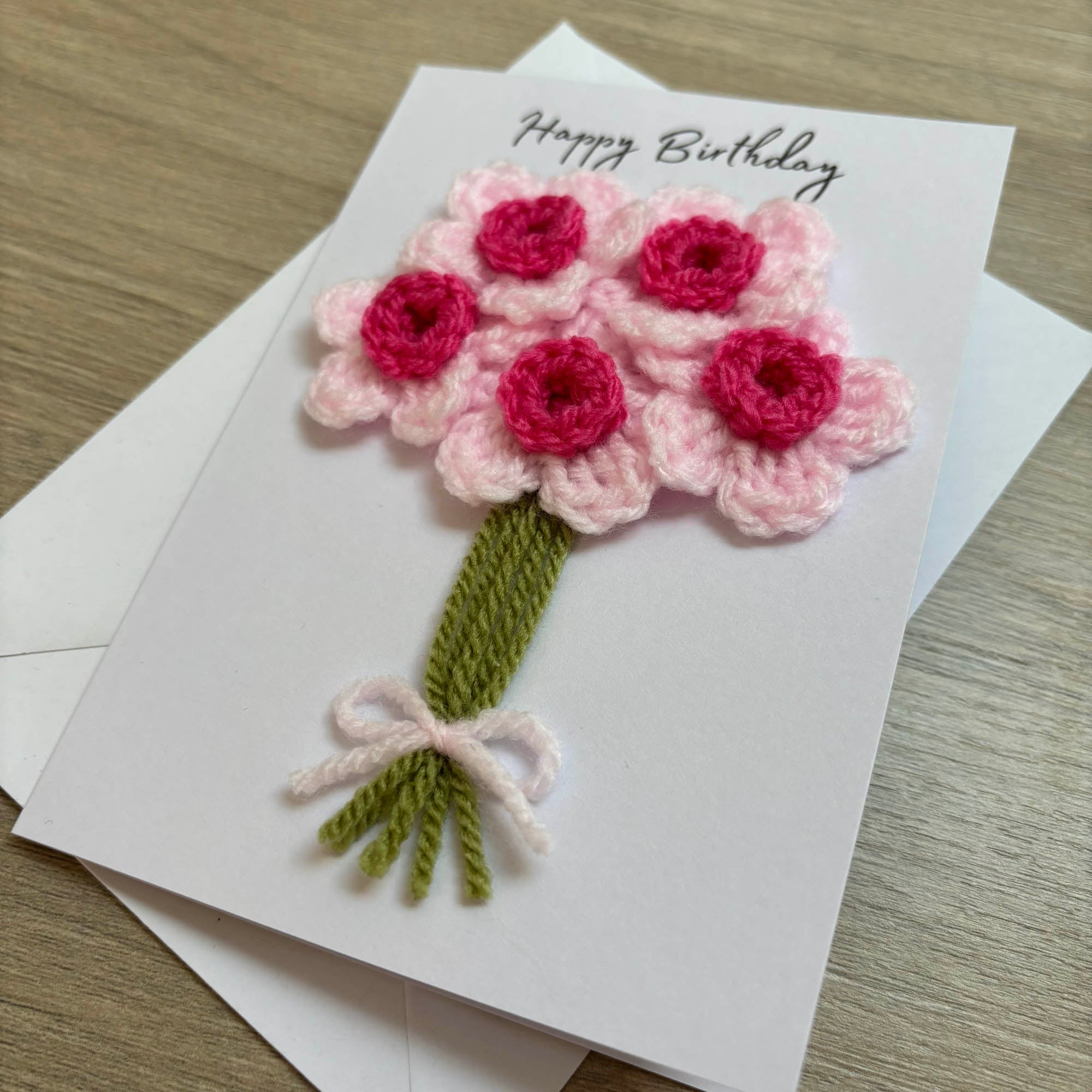 Crochet Pink Bunch of Flowers Happy Birthday Card - Personalisation Optional