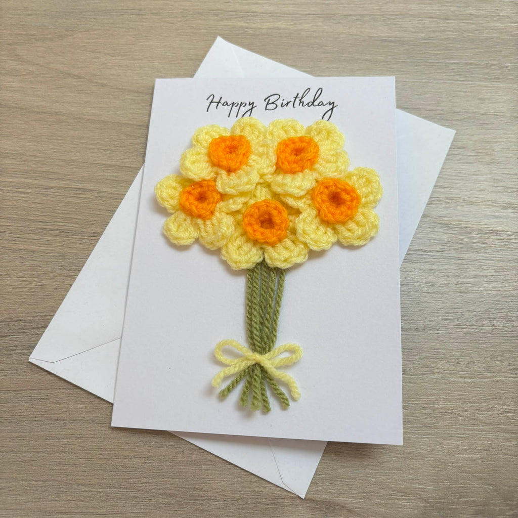 Crochet Yellow Bunch of Flowers Happy Birthday Card - Personalisation Optional