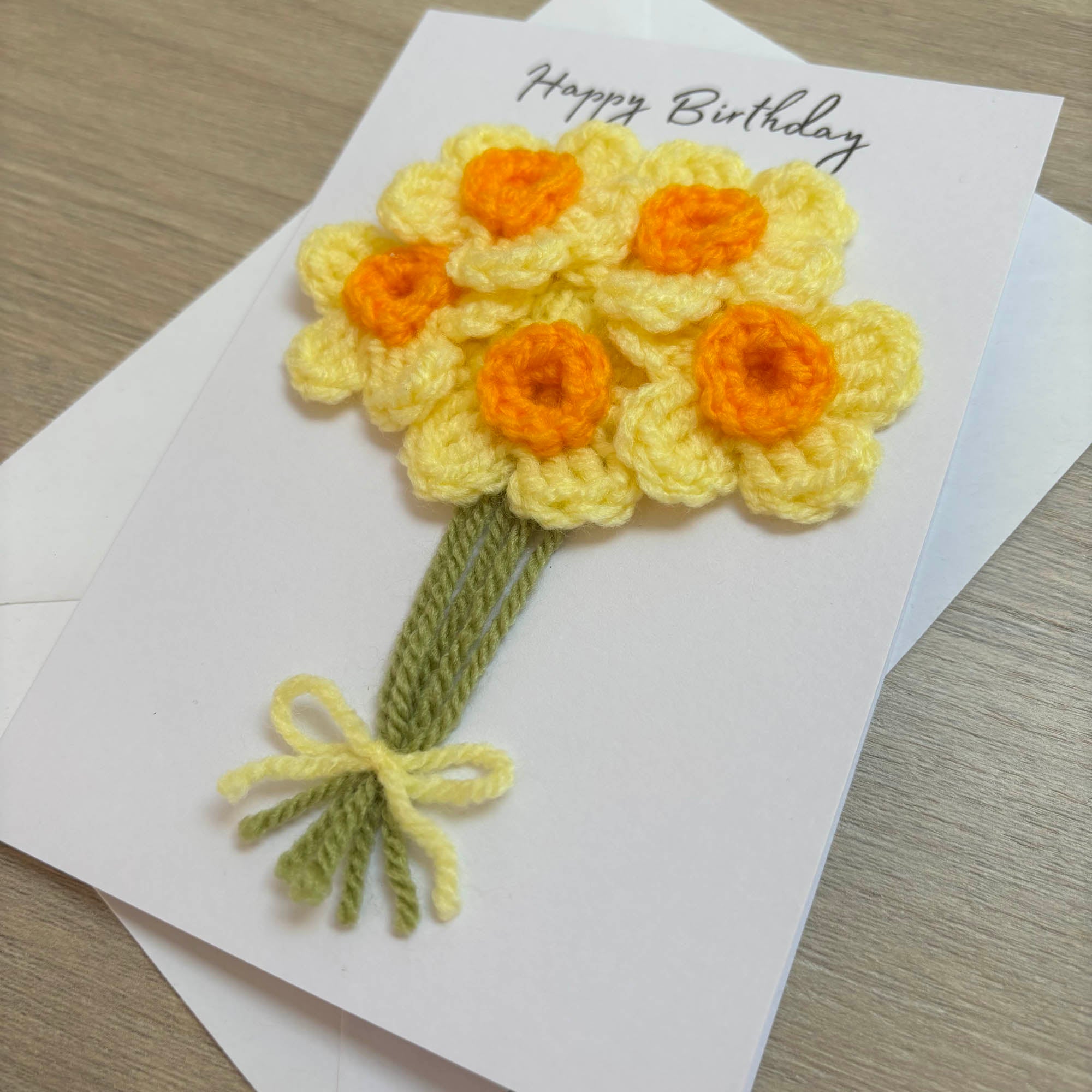 Crochet Yellow Bunch of Flowers Happy Birthday Card - Personalisation Optional