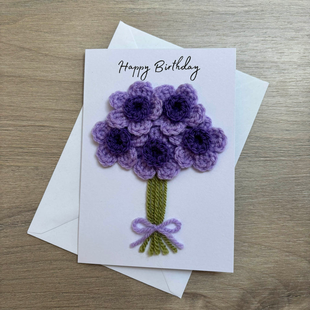 Crochet Purple Bunch of Flowers Happy Birthday Card - Personalisation Optional