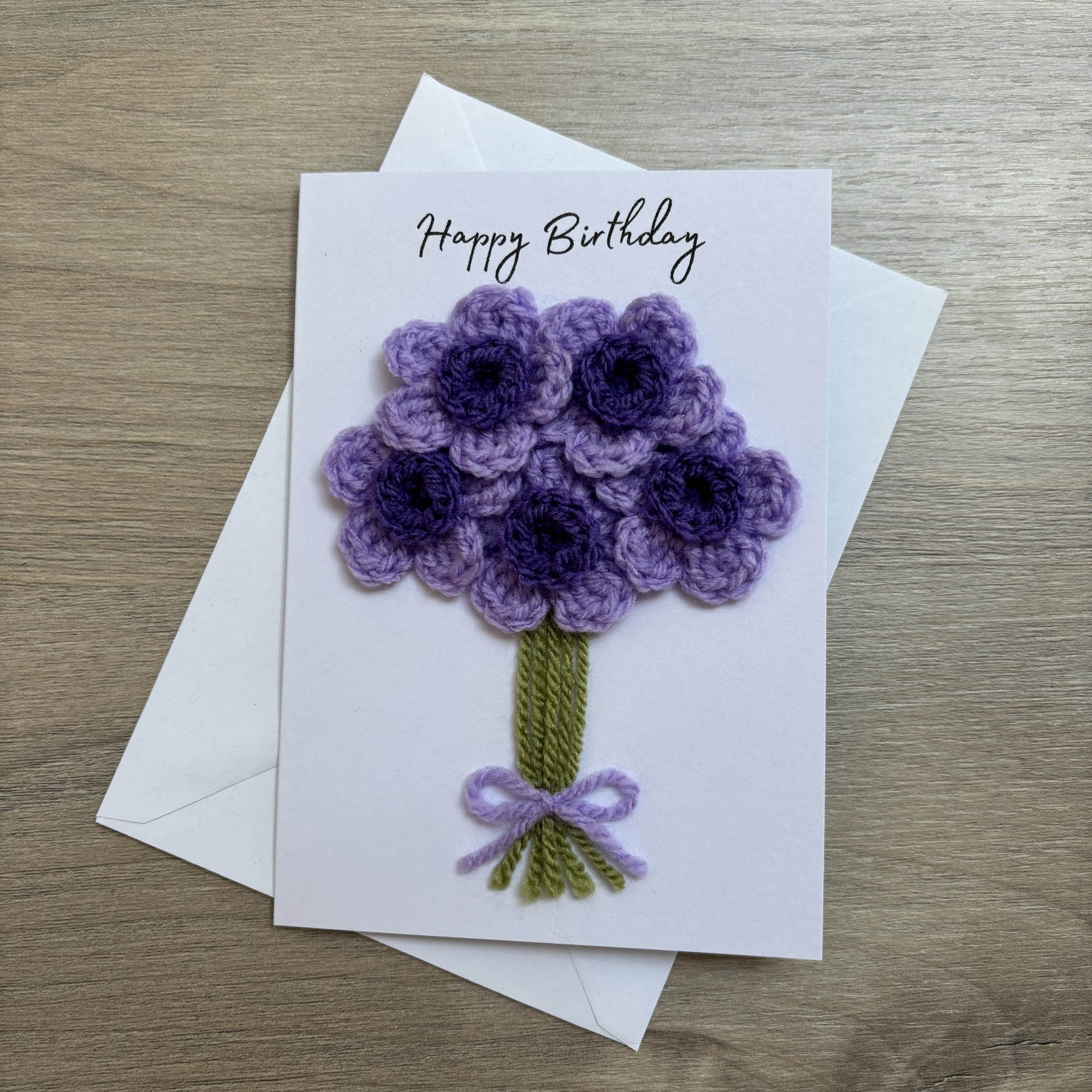 Crochet Purple Bunch of Flowers Happy Birthday Card - Personalisation Optional