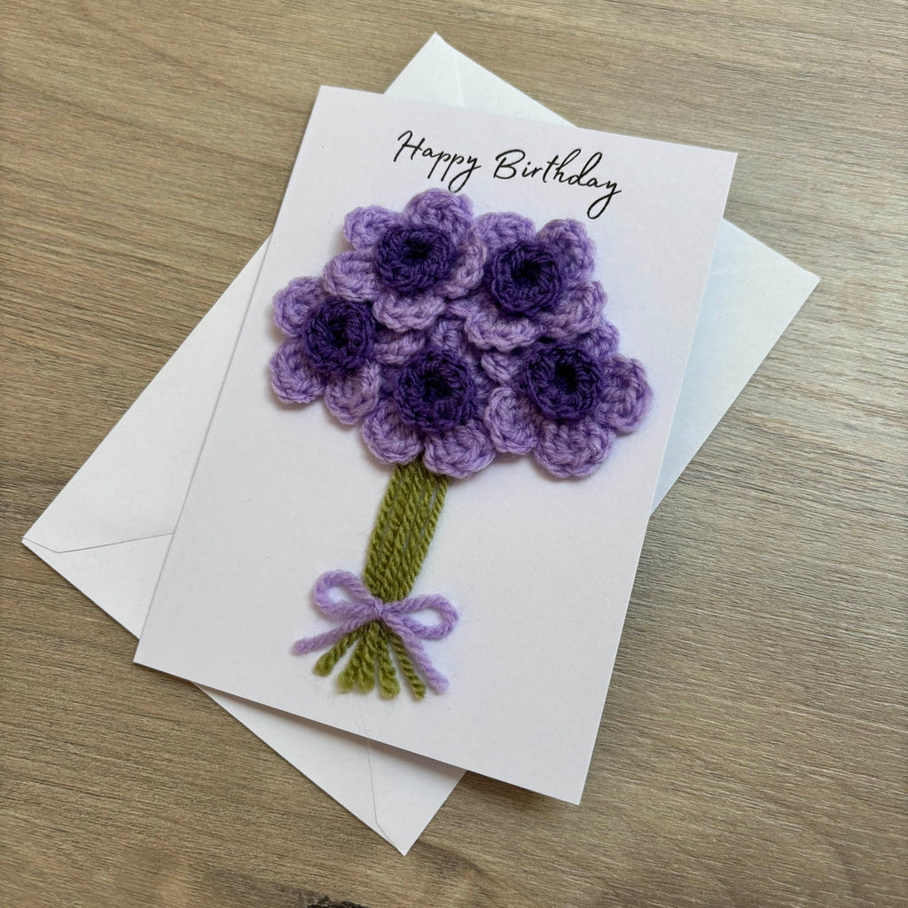 Crochet Purple Bunch of Flowers Happy Birthday Card - Personalisation Optional