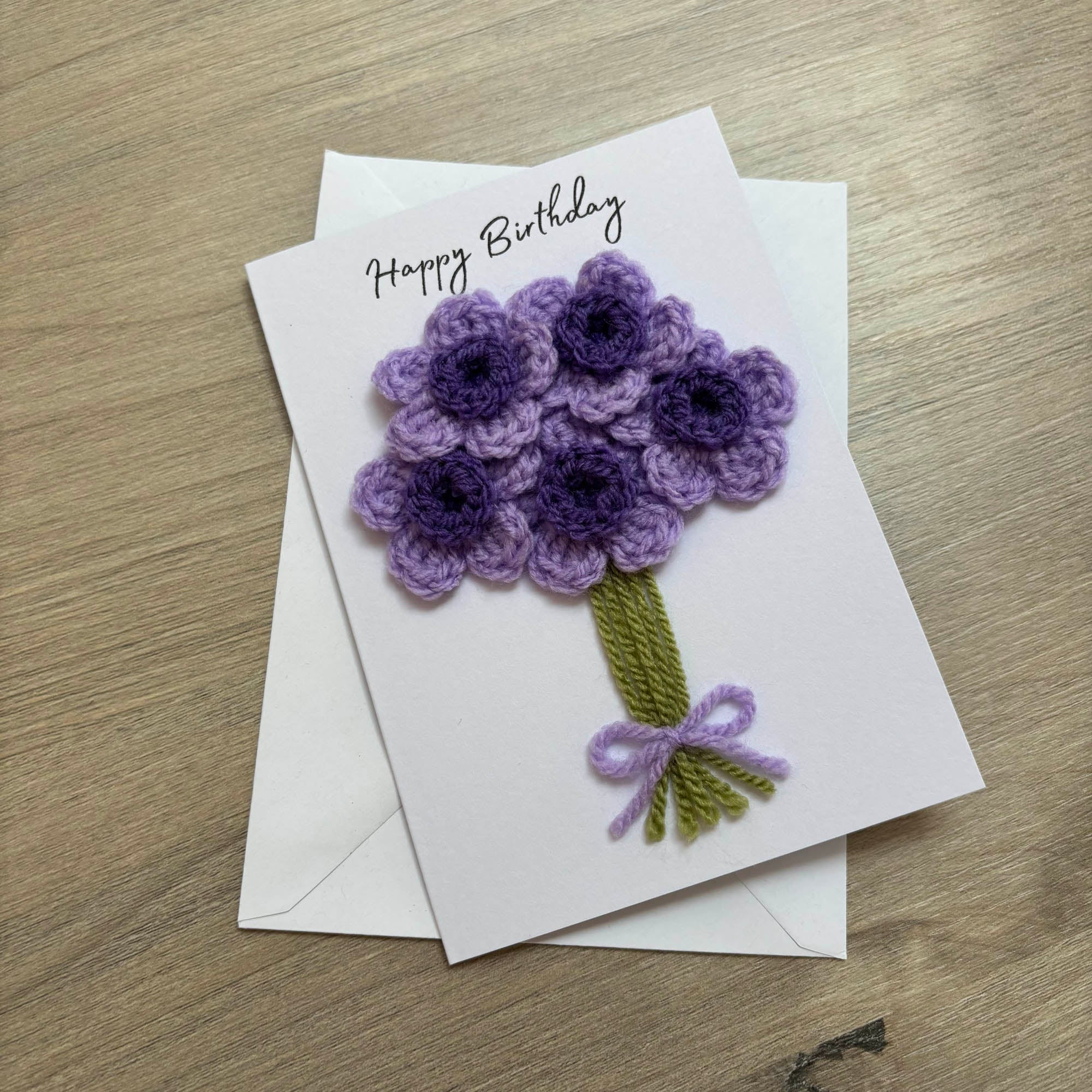 Crochet Purple Bunch of Flowers Happy Birthday Card - Personalisation Optional