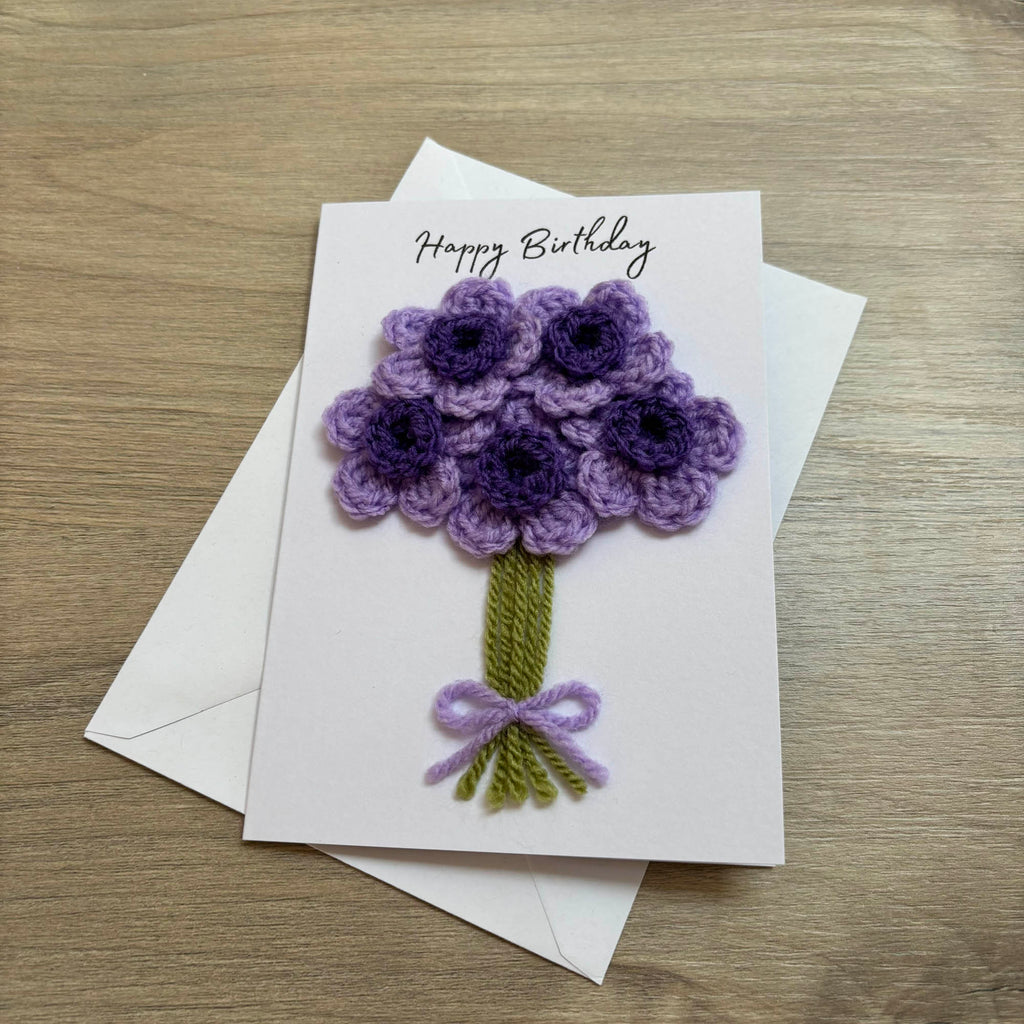 Crochet Purple Bunch of Flowers Happy Birthday Card - Personalisation Optional