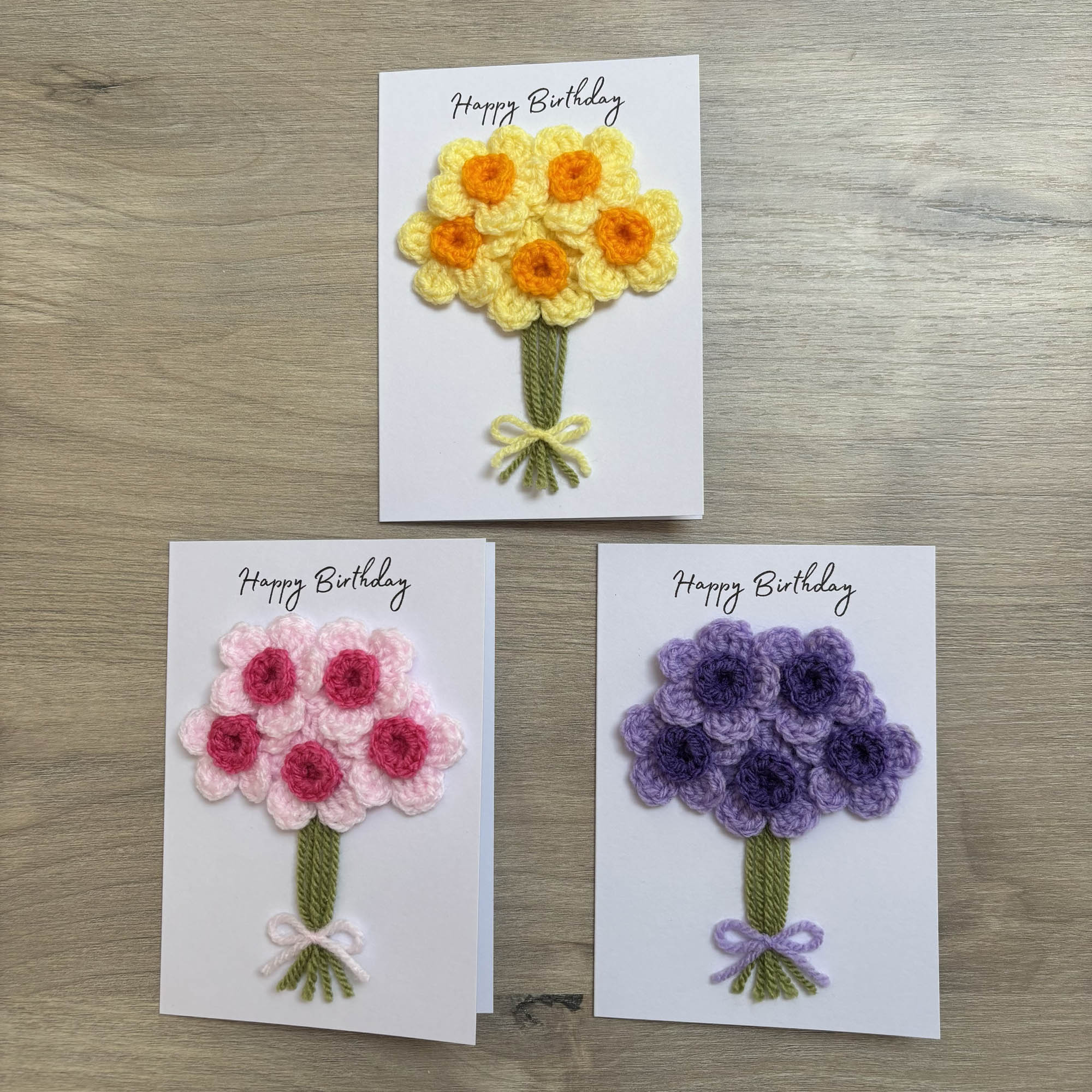 Crochet Yellow Bunch of Flowers Happy Birthday Card - Personalisation Optional