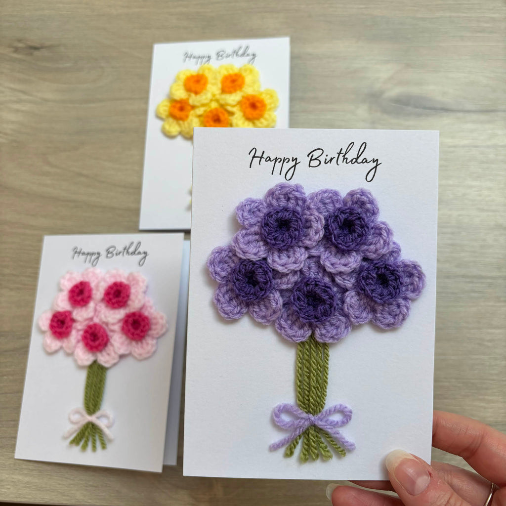 Crochet Purple Bunch of Flowers Happy Birthday Card - Personalisation Optional
