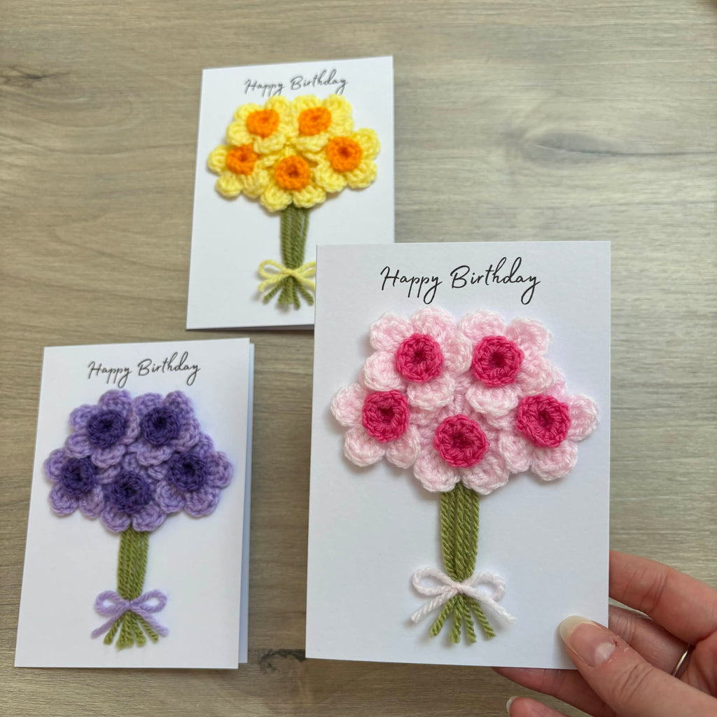 Crochet Pink Bunch of Flowers Happy Birthday Card - Personalisation Optional