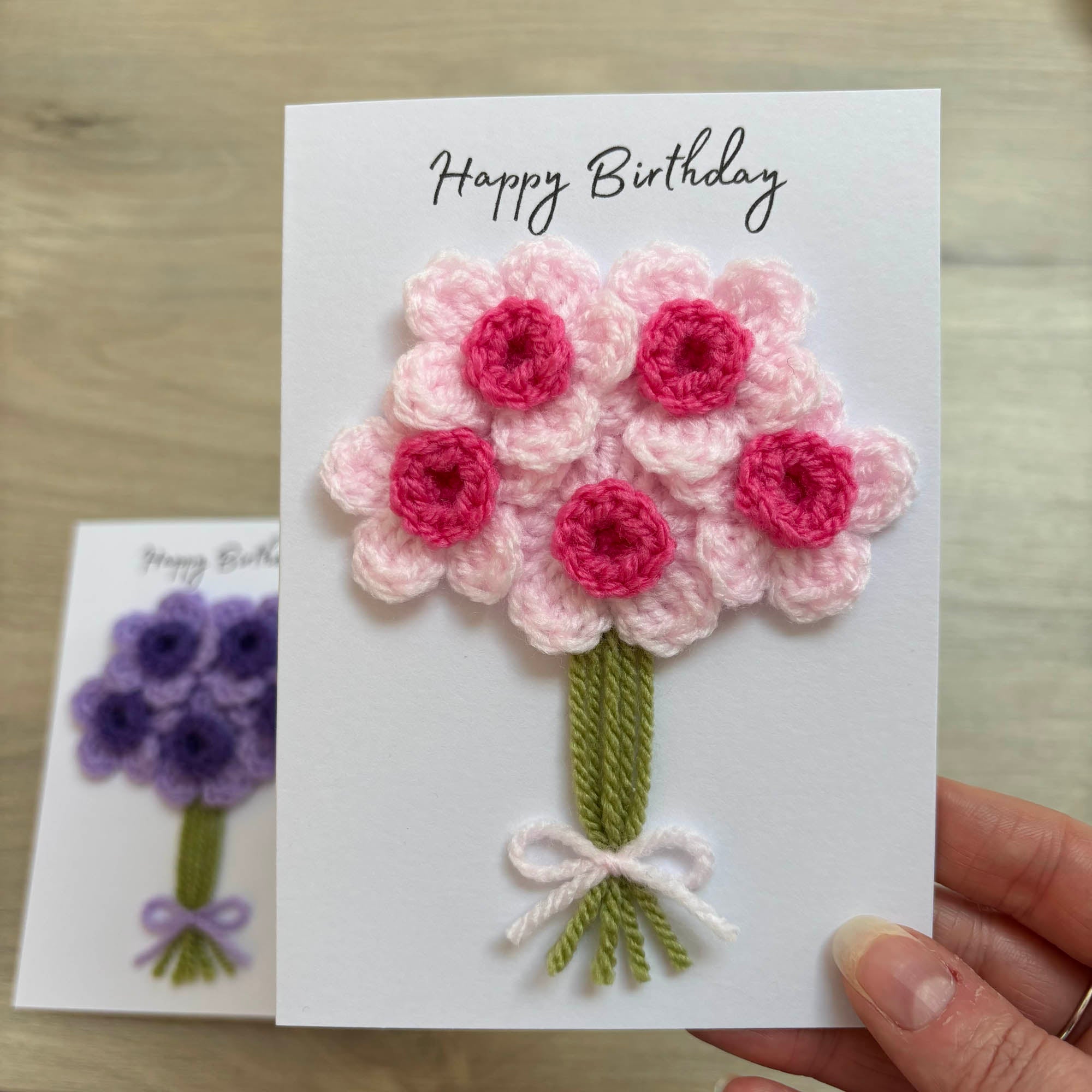 Crochet Pink Bunch of Flowers Happy Birthday Card - Personalisation Optional