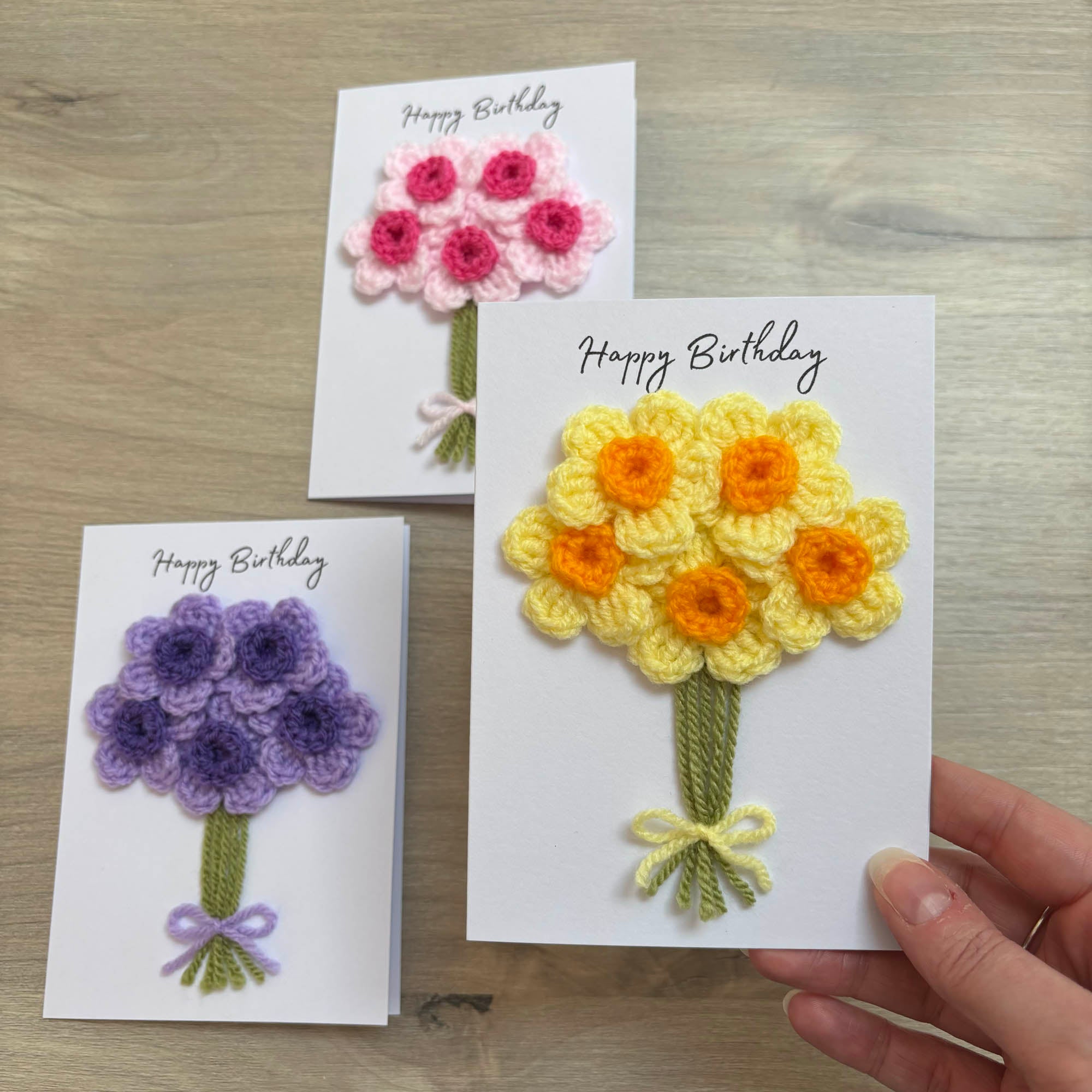 Crochet Yellow Bunch of Flowers Happy Birthday Card - Personalisation Optional