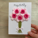 Crochet Pink Bunch of Flowers Happy Birthday Card - Personalisation Optional