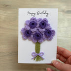 Crochet Purple Bunch of Flowers Happy Birthday Card - Personalisation Optional