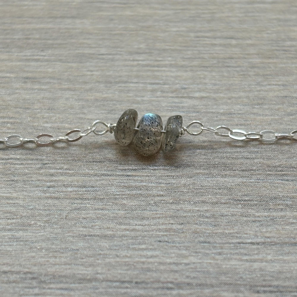Sterling Silver Small Labradorite Gemstone Bar 16" Necklace
